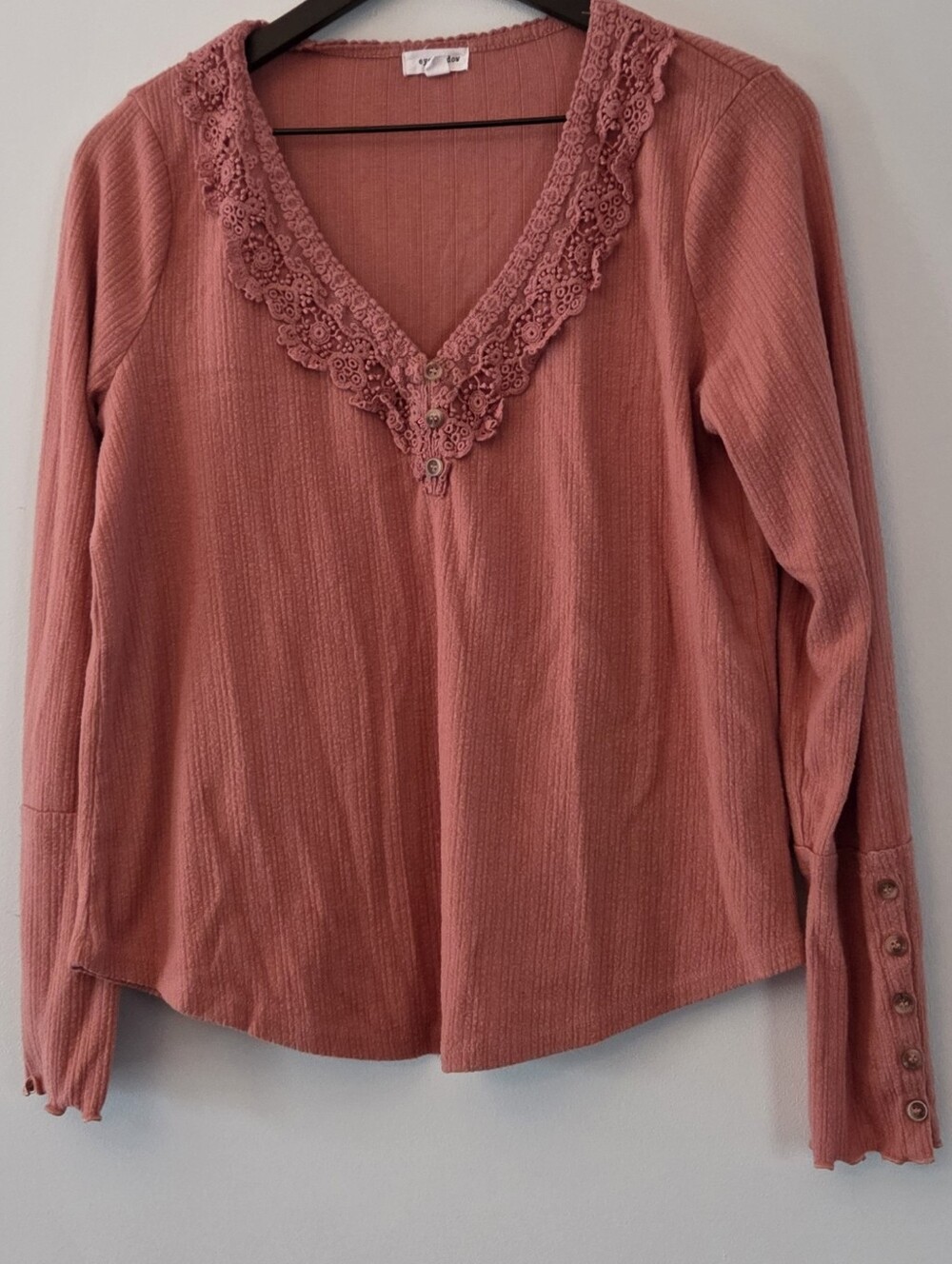 Eyeshadow Lace-Trim V-Neck Long Sleeve Top Dusty Rose Size L